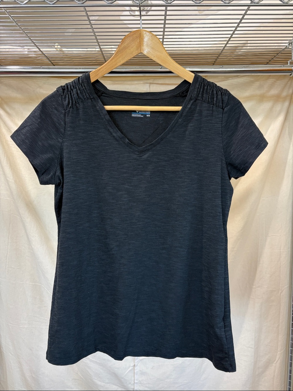 Women's Black V-Neck Short Sleeve Tee with Shoulder Shirring